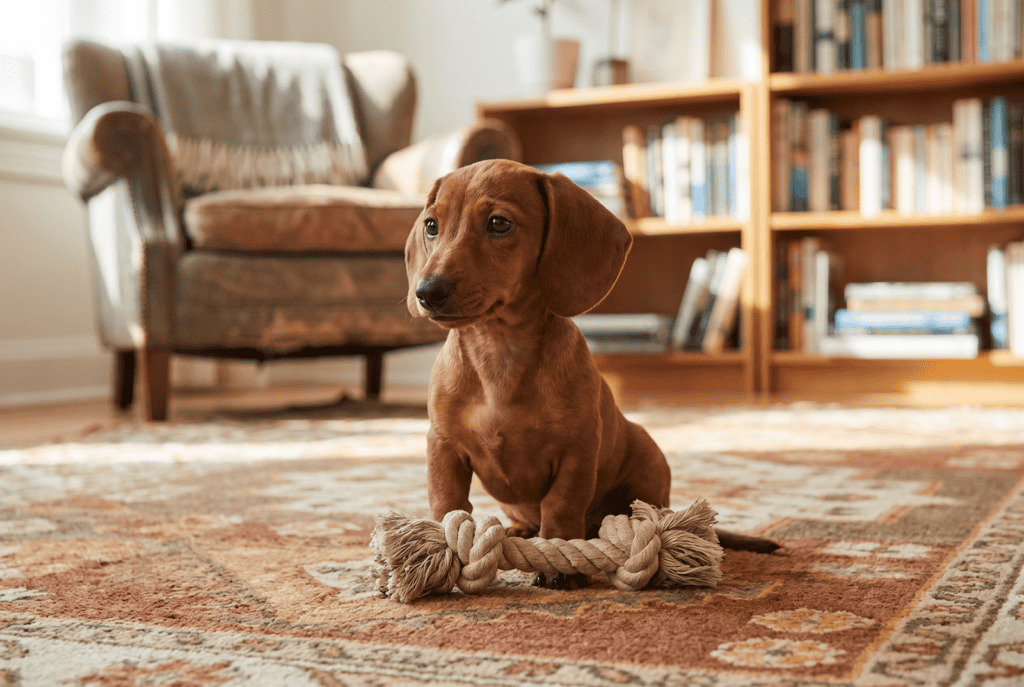 a small smooth haired dachshund puppy sitting cont