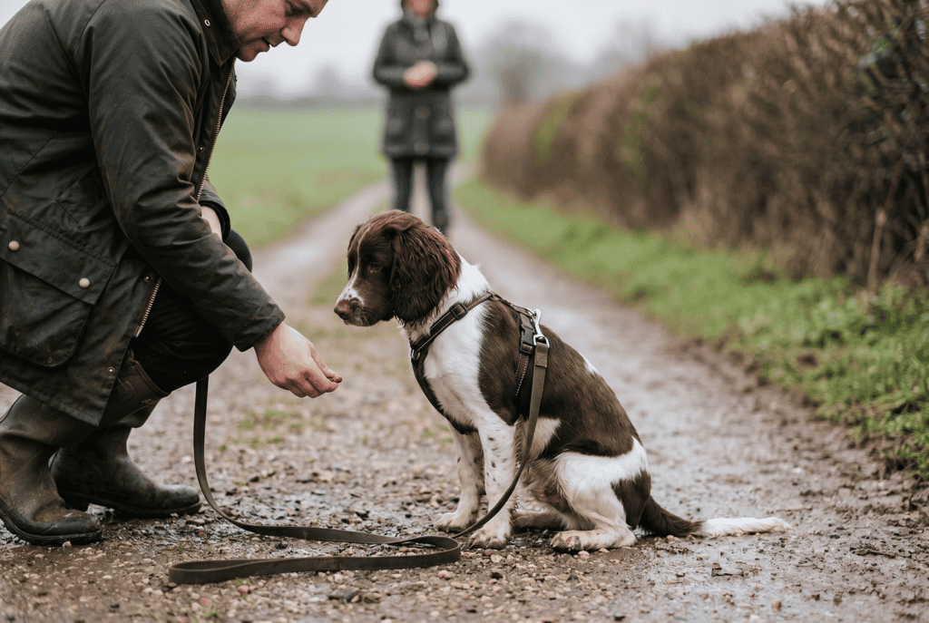 a springer spaniel dog on a longline lead sitting and focusing on food reward