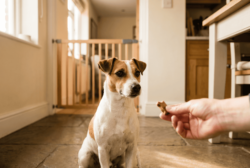 an adult jack russell terrier sitting waiting for treat